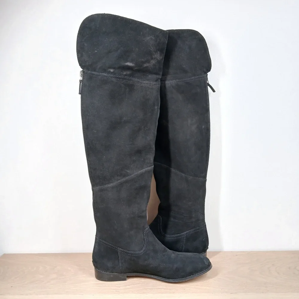 Wythe NY Rashel Over the Knee Boots Womens 7 Black Suede Side Zip Flat